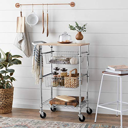 Amazon Basics 3-Tier Metal Basket Rolling Utility Cart with Wood Top, Kitchen Storage Organizer, Portable, Silver