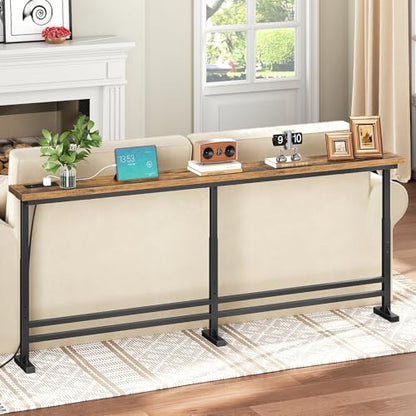 YATINEY 70.9" Console Table with Adjustable Height (27.6"-35.4") and Power Outlet, Skinny Behind Couch Table, Narrow Long Sofa Table for Living Room, Hallway, Entryway, Rustic Brown and Black CT08UBR - color: Rustic Brown + Black, size: 70.9"L x 5.9"W x 2