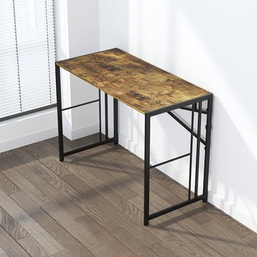 Lutown-Teen 35 inch Small Folding Computer Desk, Writing Gaming Computer Desk for Small Spaces, No Assembly Required Home Office Tale, Rustic Brown - color: Rustic Brown, size: 35 Inch