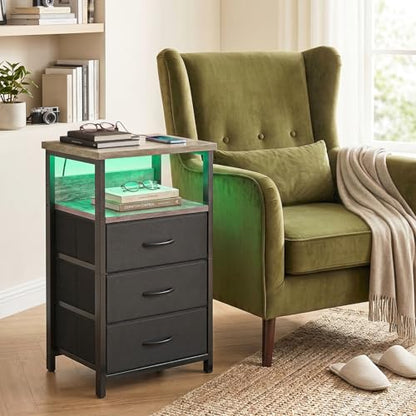 Fixwal Night Stand with Charging Station, LED Nightstand with Fabric Drawers, End Table with PU Finish, Bed Side Table, French Oak - color: French Oak, size: 27.6"H (3 drawers), style: Power+Light (1pc)
