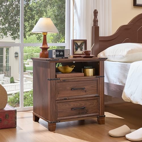 22" Farmhouse Nightstand Set of 2 with Charging Station,End Table with 2 Drawers,Rustic Wood Dresser for Bedroom,Bed Side Table Chest of Drawers Cabinet,Night Stand for Living Room,Brown - color: Brown