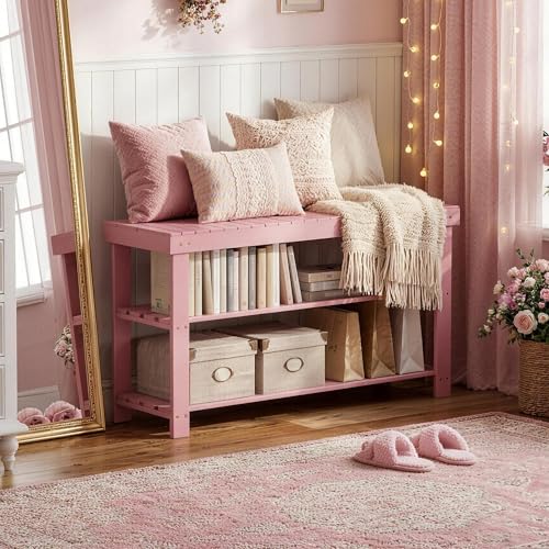 SMIBUY Bamboo Shoe Rack Bench, 3-Tier Shoe Organizer Storage Shelf for Entryway Hallway Bathroom Living Room (Pink) - color: Pink