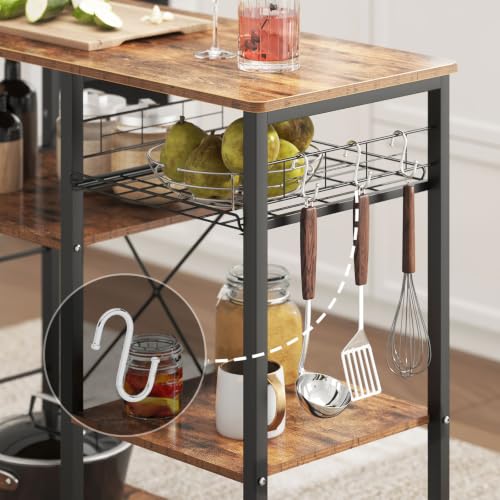 soges 3-Tier Kitchen Baker's Rack, Compact Microwave Stand, Rustic Brown | Space-saving for Apartments, Kitchen, Pantry, Living Room, Sliding Storage Basket, 5 Hooks, Sturdy X-Frame, Easy Assembly - color: Rustic Brown
