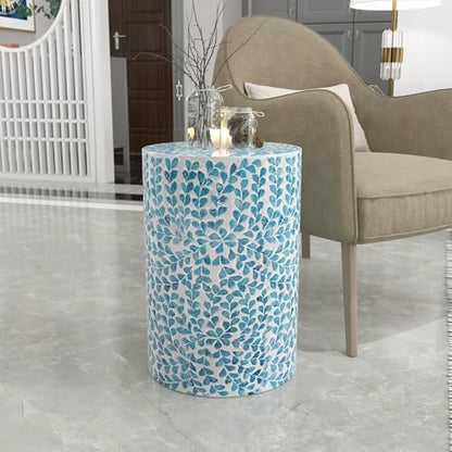 PEMAR Mother of Pearl Inlaid Cylinder Drum End Table Nacre Capiz Shell Side Table Stool Drum Accent Table Coffee Bedside Side Table Round Nightstand and Vanity Stool (Teal Floral) - color: Teal Floral