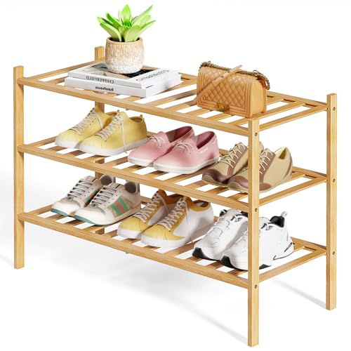 Kitsure Bamboo Wooden Shoe Rack for Closet - Stackable Shoe Organizer with Modular Structure, Space-Saving Shoe Shelf for Entryway, Living Room, Bedroom, 26.8" x 11" x 18.9", Natural - color: Nature, size: 26.8"wide - 3 Tiers