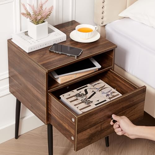 VECELO Night Stand Set of 2,Modern Solid Wood Nightstand with Storage Shelf and Drawer, Bedside Table End Table for Living Room,Bedroom,Entryway,Easy Assembly,Brown - color: Rustic Brown(set of 2)