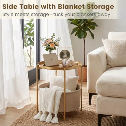 danpinera Gold Side Table with Basket, Small Round Table for Living Room | Metal Modern Nightstand for Small Space, Bedroom, Nursery, Accent Metal Stand with Removable Serving Tray, 20.47 in Tall - color: Gold