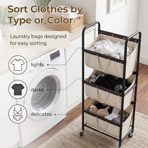 GRANNY SAYS 3 Tiered Laundry Sorter, Narrow Hamper Cart with Wheels, Beige - color: Beige