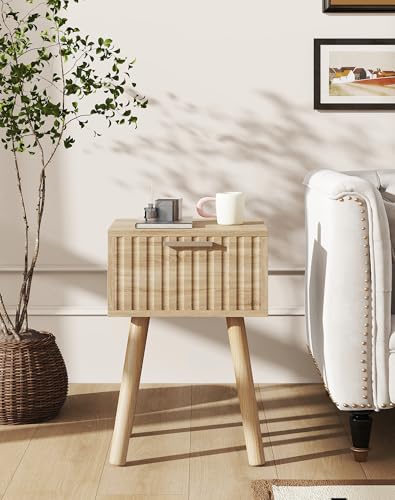YMYNY Narrow Fluted Nightstand Set of 2, Small End Table, Modern Coffee Table with Drawer, Solid Wood Legs, Retaining Chain, for Bedroom and Small Spaces, Natural UHST014R-2 - color: Natural