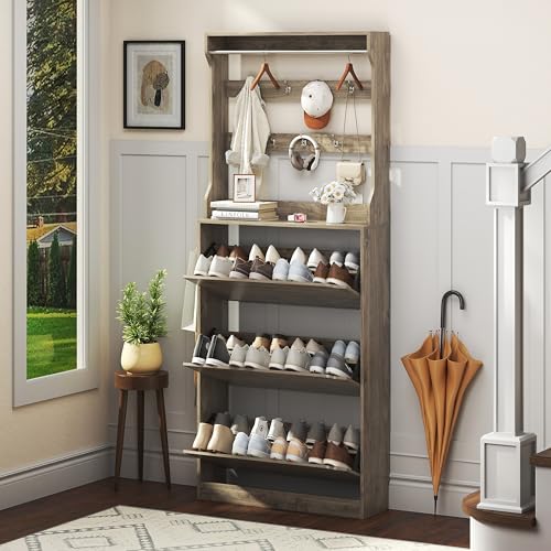 Shoe Cabinet for Entryway with 3 Flip Drawers, Grey Tall Wood Shoe Storage Cabinet with Coat Rack, Narrow Hidden Slim Freestanding Shoe Rack Organizer, 2 in 1 Hall Tree for Living Room, Hallway - color: Grey, size: 3 Drawers with Rack