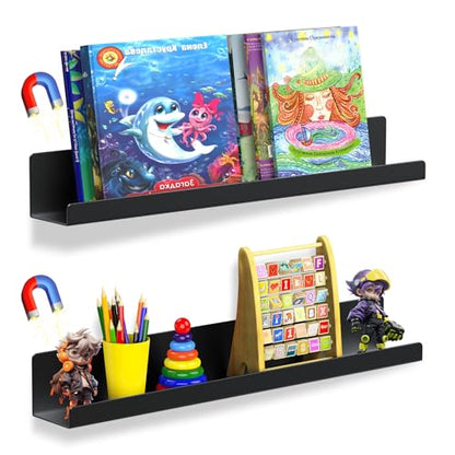 2 Pack Magnetic Book Shelf for Whiteboard, 17 Inch Heavy Duty Metal Magnetic Shelves, Holds 12 lbs, Magnetic Book Display for Classroom Furniture, Office - Black - color: Black