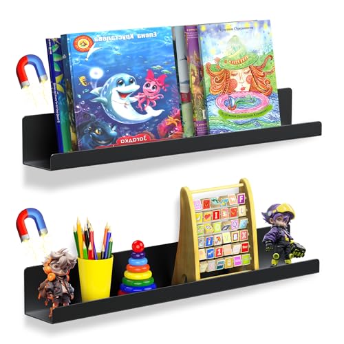2 Pack Magnetic Book Shelf for Whiteboard, 17 Inch Heavy Duty Metal Magnetic Shelves, Holds 12 lbs, Magnetic Book Display for Classroom Furniture, Office - Black - color: Black