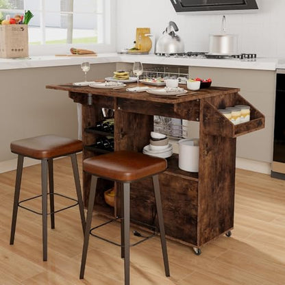 Giantex Rolling Kitchen Island Cart with Drop Leaf, Power Outlet, Spice Rack, 12 Wine Rack, Glass Holder, Drawer, Storage Cabinet, Towel Rack, Island Table for Breakfast Coffee Bar (Rustic Brown) - color: Rustic Brown