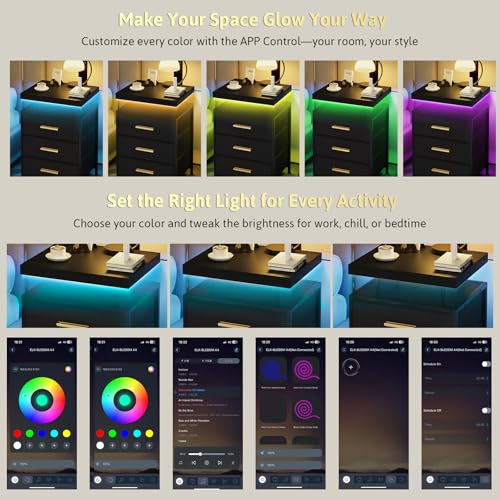DreamDashio Nightstand Set of 2 with LED Lights, 3 Fabric Storage Drawers with PU Finish, Floating Top Design, Bedside Table with Open Shelf, End Table for Bedroom, Living Room, Office Black - color: Black (2 Pack)