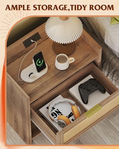 WLIVE Rattan Nightstands Set of 2, Night Stand Sets with Charging Station, Boho Bed Side Table with Storage Drawer and Open Shelf, End Tables Bedroom, Natural Oak - color: Natural Oak+2 Pcs, style: Bohemian