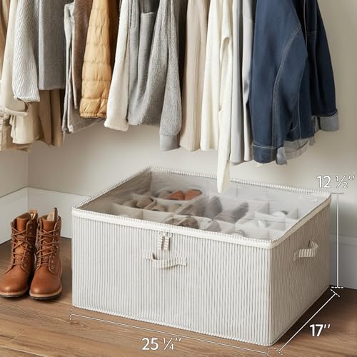 StorageWorks Shoe Organizer for Closet, Fits up to 24 Pairs, Shoe Cubby Storage Containers with Adjustable Dividers and Clear Cover, Khaki and Beige Stripes | Adjustable Dividers, Holds up to 24 Pairs, Foldable, Clear Lid, Soft Handles, Fits Boots, Sandal