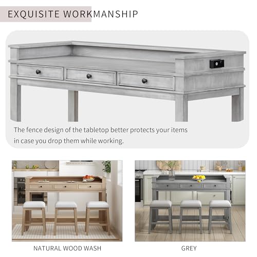 4-piece Dining Bar Table Set with 3 Upholstered Stools, Rubber Wood Counter Height Multifunctional Dining Table with 3 Drawers and USB Port, Side Table with Footrest Pub Kitchen Set (Grey-N2) - color: Grey-n2
