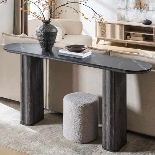 OKD 63" Modern Fluted Console Table, Narrow Entryway Table, Dark Alder | Modern Fluted Wood Base, Curved Faux Marble-Texture Top, Entryway, Hallway, Foyer, Behind Sofa - color: Dark Alder