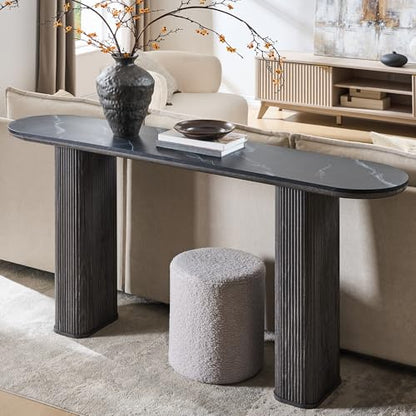 OKD 63" Modern Fluted Console Table, Narrow Entryway Table, Dark Alder | Modern Fluted Wood Base, Curved Faux Marble-Texture Top, Entryway, Hallway, Foyer, Behind Sofa - color: Dark Alder