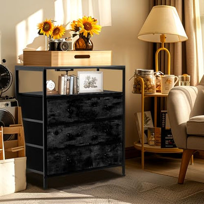 3-Drawer LED Nightstand with Charging Station, Black. | Engineered Wood and Steel, 2 AC and 2 USB ports, 24 Inch Wide, RGB App Control, Fabric Drawers, Open Storage Shelf - color: Black