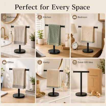 Hand Towel Holder, 2 Pack T-Shape Towel Holder Stand, Black | Weighted Stainless Steel Base Helps Prevent Tipping While The Open T-Shape Keeps Towels Dry on Bathroom Countertops - color: T-black-2 Pack