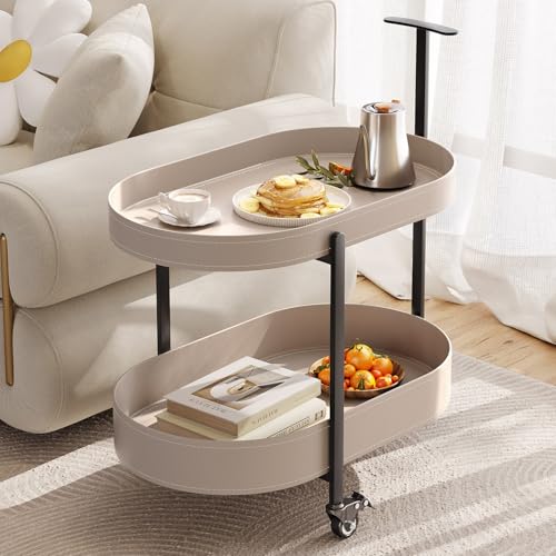 Guyii 2 Tiers Storage Rolling Cart 360 Rotating Side Table Modern End Table Living Room Table with Wheels Easy to Move for Living Room Bedroom Kichen Bathroom Pu Leather - color: Beige
