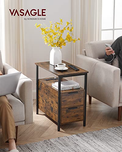 VASAGLE Side End Table with Charging Station, Slim Nightstand with 2 Drawers, Narrow Bedside Table for Living Room, Small Spaces, Rustic Brown and Ink Black ULET321B01 - color: Rustic Brown + Ink Black, size: 23.6"D x 13.8"W
