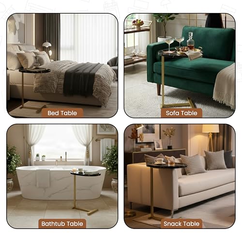 Kings Brand C-Shaped Side End Table, Sofa Snack Table, Gold & Black | Convenient C-Shaped Table – Slides Under Sofas, Chairs, Beds to Keep Coffee, Snacks, Laptops, Books, & Essentials w/in Reach - color: Black