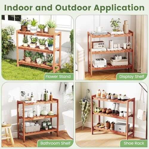 Giantex 3-Tier Plant Stand Indoor, Solid Wood Flower Pot Display Rack w/ Slatted Shelves, Take Oil Finish Bookshelf Shoe Rack, Indoor Outdoor Storage Shelf for Patio Garden Balcony Home Living Room Entryway - size: 13" x 36" x 35"
