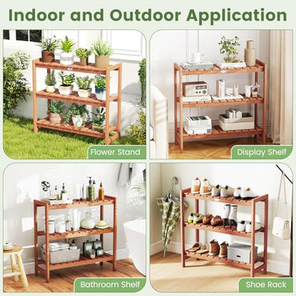 Giantex 3-Tier Plant Stand Indoor, Solid Wood Flower Pot Display Rack w/ Slatted Shelves, Take Oil Finish Bookshelf Shoe Rack, Indoor Outdoor Storage Shelf for Patio Garden Balcony Home Living Room Entryway - size: 13" x 36" x 35"