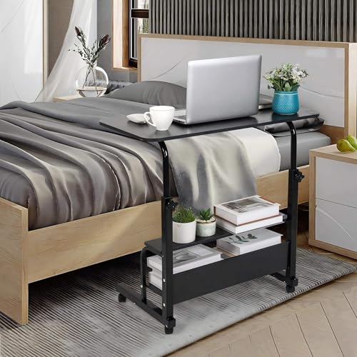 Rolling Adjustable Height Laptop Desk Black 2-Tier Storage Workstation | 28-40in Height Adjustment,Rolling Casters,2-Tier Storage Shelves,Waterproof Tabletop,Black Over Bed Home Office Desk - color: Black
