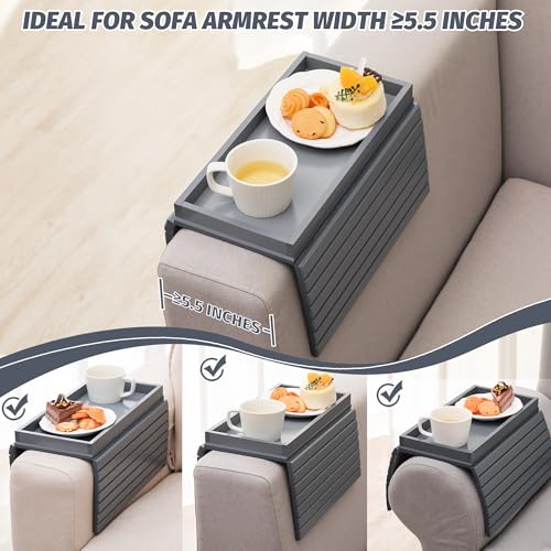 GEHE Bamboo Sofa Arm Tray, Foldable Couch Arm Tray Side Table, Anti-Falling Armrest Tables Cup Holder for Snacks, Drinks, Beers, Phone, Control, Flexible and Portable, Anti-Slip - color: Gray