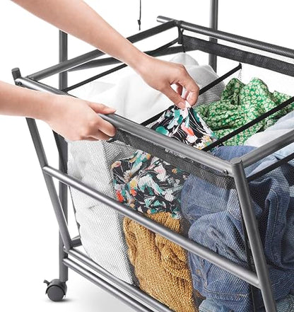 Whitmor Triple Laundry Sorter with Ironing & Folding Table - Rolling Laundry Sorter with Ironing Table - Gunmetal - size: 3 Section lroning Board，Black