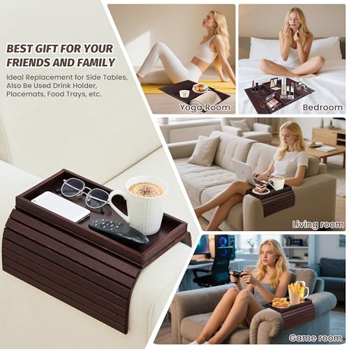 GEHE Bamboo Sofa Arm Tray, Foldable Couch Arm Tray Side Table, Anti-Falling Armrest Tables Cup Holder for Snacks, Drinks, Beers, Phone, Control, Flexible and Portable, Anti-Slip - color: Mahogany