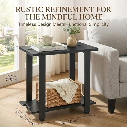 Transitional Narrow End Table, 2-Tier Rustic Side Table with Storage Shelves, Modern Farmhouse Industrial Nightstand for Living Room, Bedroom, Small Spaces, Couch, Black - color: Black