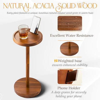 BLUEWEST Drink Table, 22" Tall Compact Side Table with Phone Slot and Weighted Base, Durable Pedestal Table Accent for Living Room, Bedroom, or Office, Cocktail and Martin (1, Acacia) - color: Acacia