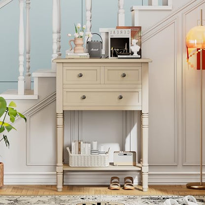 GDFStudio Narrow Console Table - Slim Sofa Tables with 3 Storage Drawers & Bottom Shelf,Solid Wood Frame,Distressed Finish - Accent Table for Living Room,Hallway,Small Spaces,Entryway,23.7" Beige - color: Beige
