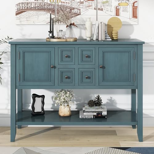 P PURLOVE Console Table Buffet Sideboard Sofa Table with Drawers Cabinets and Bottom Shelf (Dark Blue) - color: Dark Blue