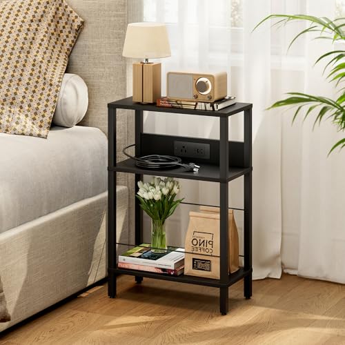 DGSANDGO Black Narrow Side Table - Nightstand with Charging Station (2 USB + 1 AC Outlet), 3-Tier End Table for Nordic Style/Bedroom/Living Room (Black) - color: Black, size: Drawer Wide-24.4"H 1 PC