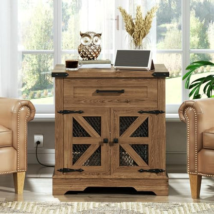RALGEND Walnut Farmhouse End Table with Charging Station, 24" Large Sofa Side Table with Drawer, Large End Table for Living Room, Wooden Nightstand with Outlet, Square, Walnut - color: Walnut
