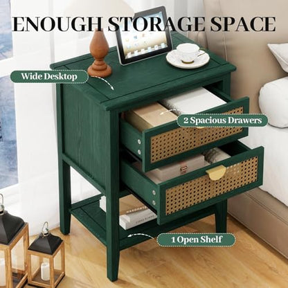 vistavie 22" Green Rattan End Table with 2 Drawers and Open Shelf, Boho Accent Side Table with Gold Semi Circular Handles and Solid Wood Legs for Living Room - color: Green Set of 1