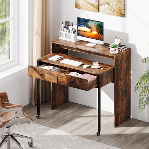 Giantex Small Computer Desk with Hutch & Drawers, Extendable Writing Desk w/Pull Out Secondary Table, Monitor Stand & Rolling Wheels, Console Table, Compact Desk for Small Spaces (Rustic Brown) - color: Rustic Brown