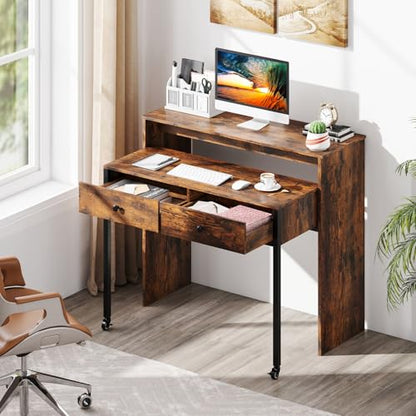 Giantex Small Computer Desk with Hutch & Drawers, Extendable Writing Desk w/Pull Out Secondary Table, Monitor Stand & Rolling Wheels, Console Table, Compact Desk for Small Spaces (Rustic Brown) - color: Rustic Brown