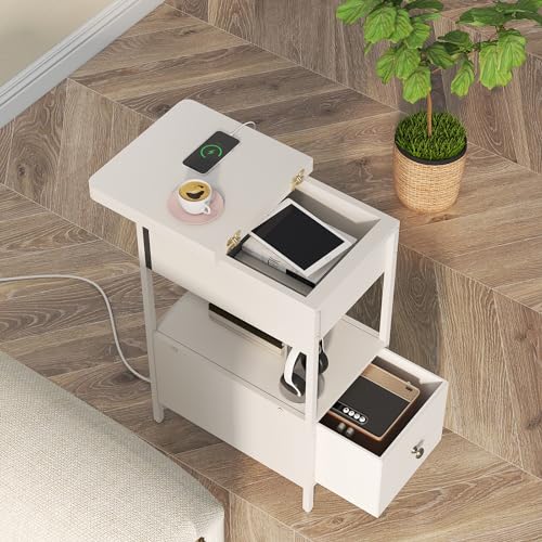 SOOWERY End Table with Charging Station, Narrow Side Table with Flip Top Cabinet and Fabric Drawer, Nightstand Bedside Tables for Small Spaces, Bedroom, Living Room, White