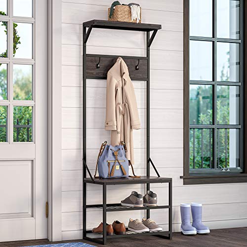 RiverRidge Afton Hall Tree, Black Metal Frame and Weathered Woodgrain | Entryway Organizer with Shoe Rack, Bench Seat, Coat Hooks, Top Display Storage Shelf