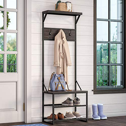 RiverRidge Afton Hall Tree, Black Metal Frame and Weathered Woodgrain | Entryway Organizer with Shoe Rack, Bench Seat, Coat Hooks, Top Display Storage Shelf
