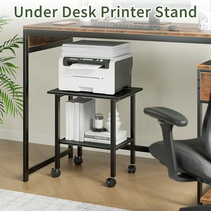 2 Tier Printer Stand with Storage, Under Desk Printer Table, Space-Saving Printer Table with Locking Wheels, Rolling Printer Cart for Home Office, Black