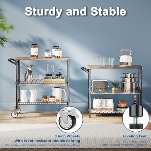 Rolling Kitchen Carts with Wheels, 3-Tier Utility Cart with Wood Tabletop | NSF Commercial Metal Serving Cart with Handle and Shelf Liner for Kitchen Snacks,34"D x 17.5"W x 32.5"H,Black - color: Wood-black