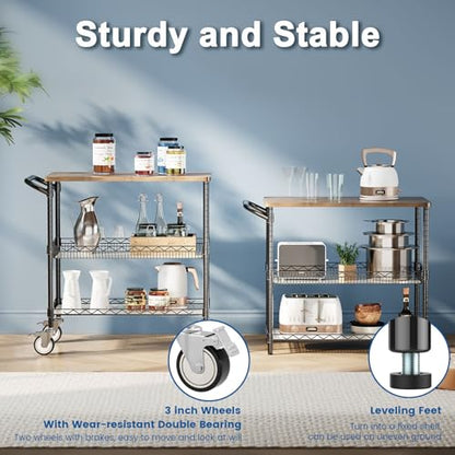 Rolling Kitchen Carts with Wheels, 3-Tier Utility Cart with Wood Tabletop | NSF Commercial Metal Serving Cart with Handle and Shelf Liner for Kitchen Snacks,34"D x 17.5"W x 32.5"H,Black - color: Wood-black