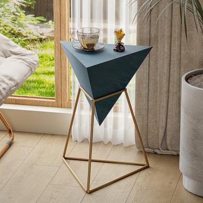 COZAYH Modern Geometric End Table with Wooden Top and Golden Metal Base, Unique Pyramid Side Table Plant Stand for Office, Living Room, Bedroom, Fully Assembled, Triangle, Blue - color: Blue